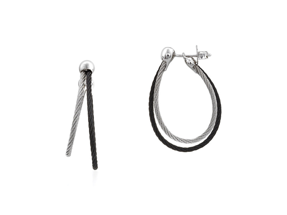 ALOR Black & Grey Cable Asymmetrical Hoop Earrings with 18kt White Gold