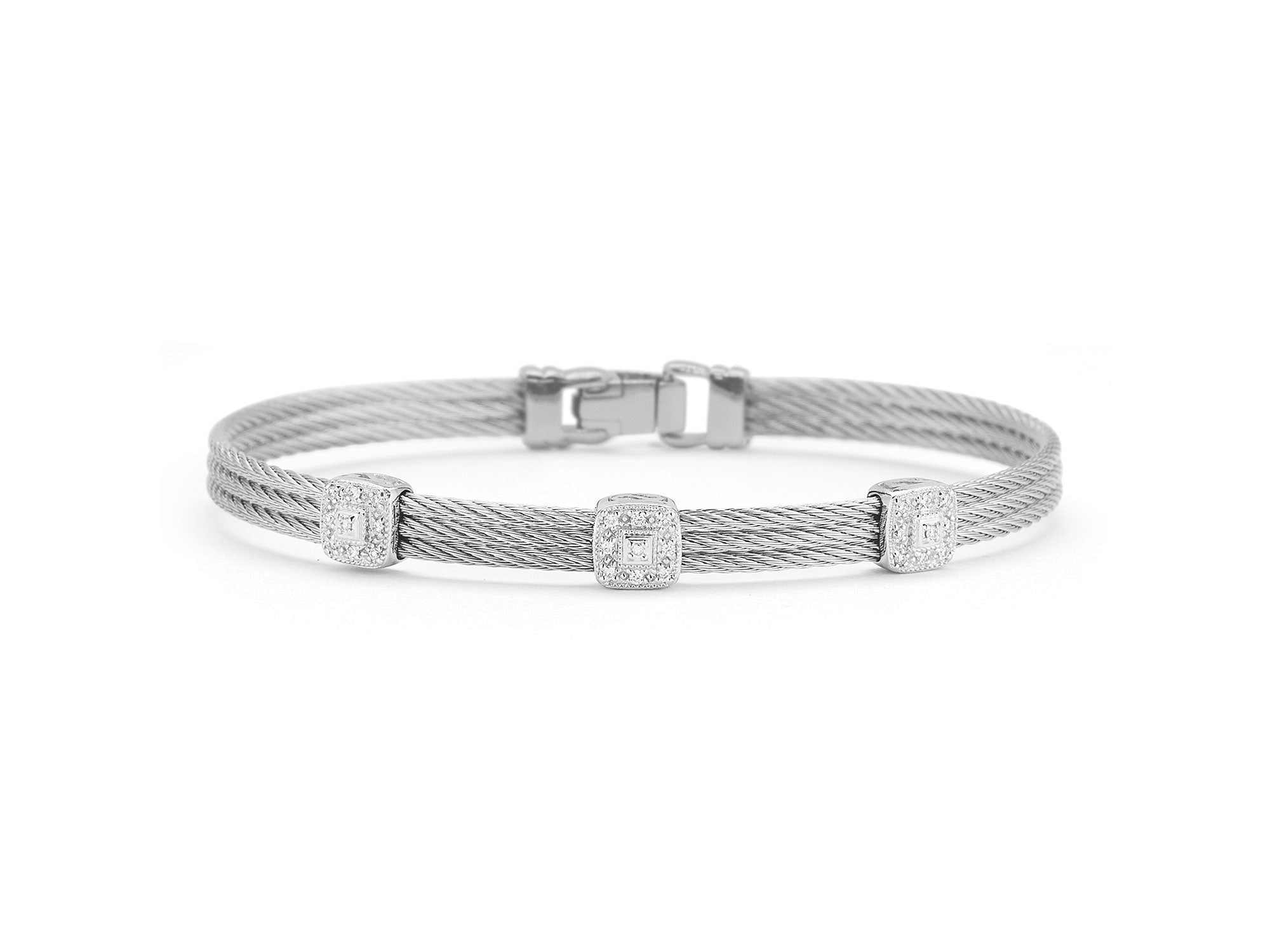 ALOR Grey Cable Classic Stackable Bracelet with Triple Square Station set in 18kt White Gold