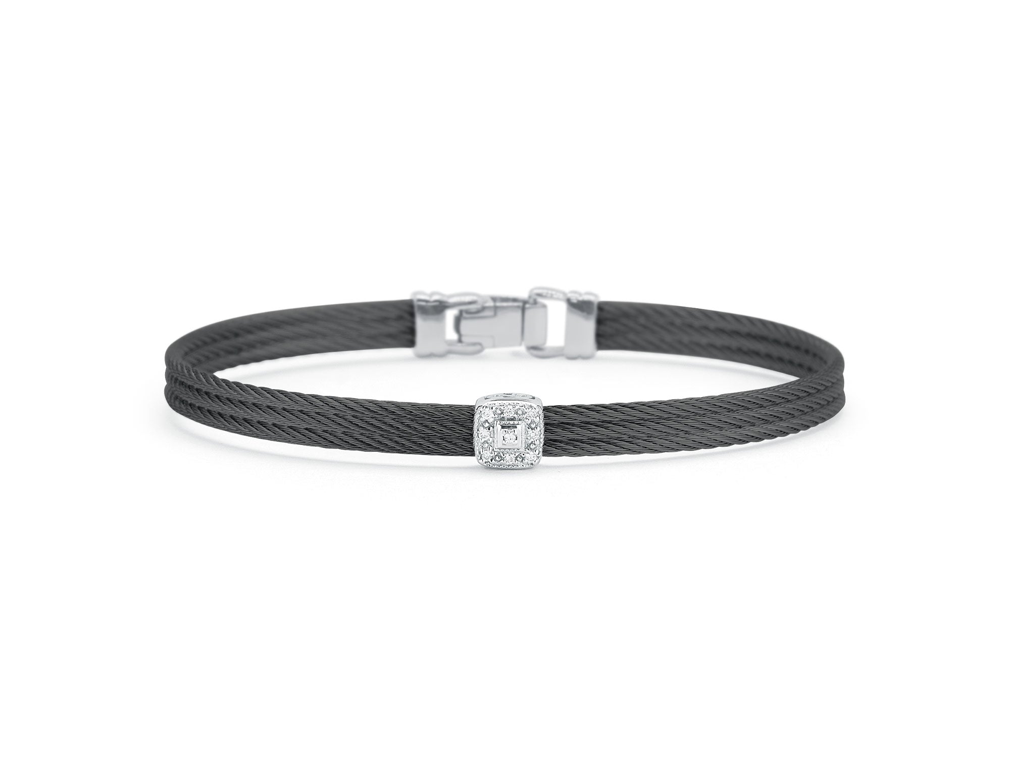 ALOR Black Cable Classic Stackable Bracelet with Single Square Station set in 18kt White Gold