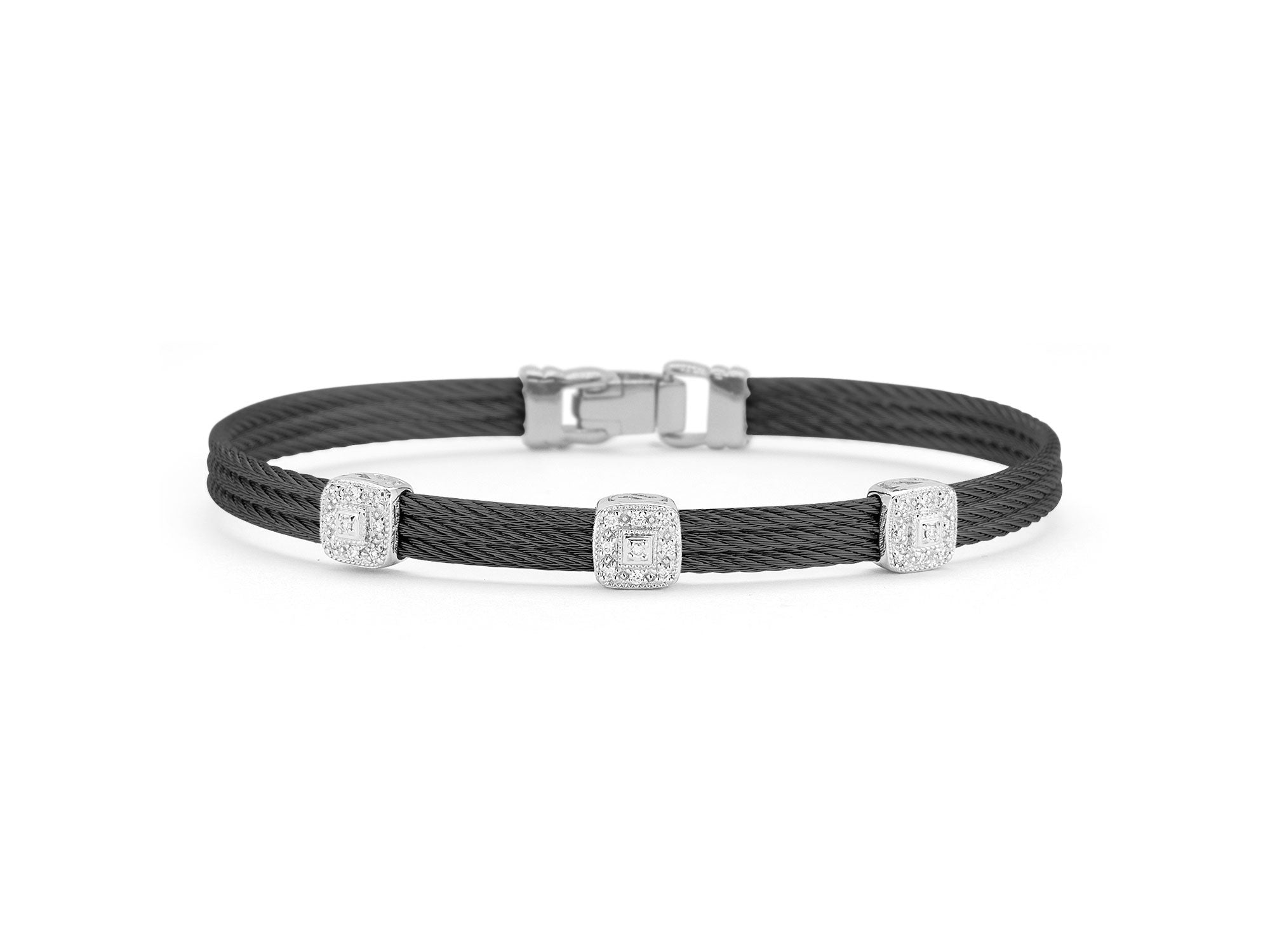 ALOR Black Cable Classic Stackable Bracelet with Triple Square Station set in 18kt White Gold