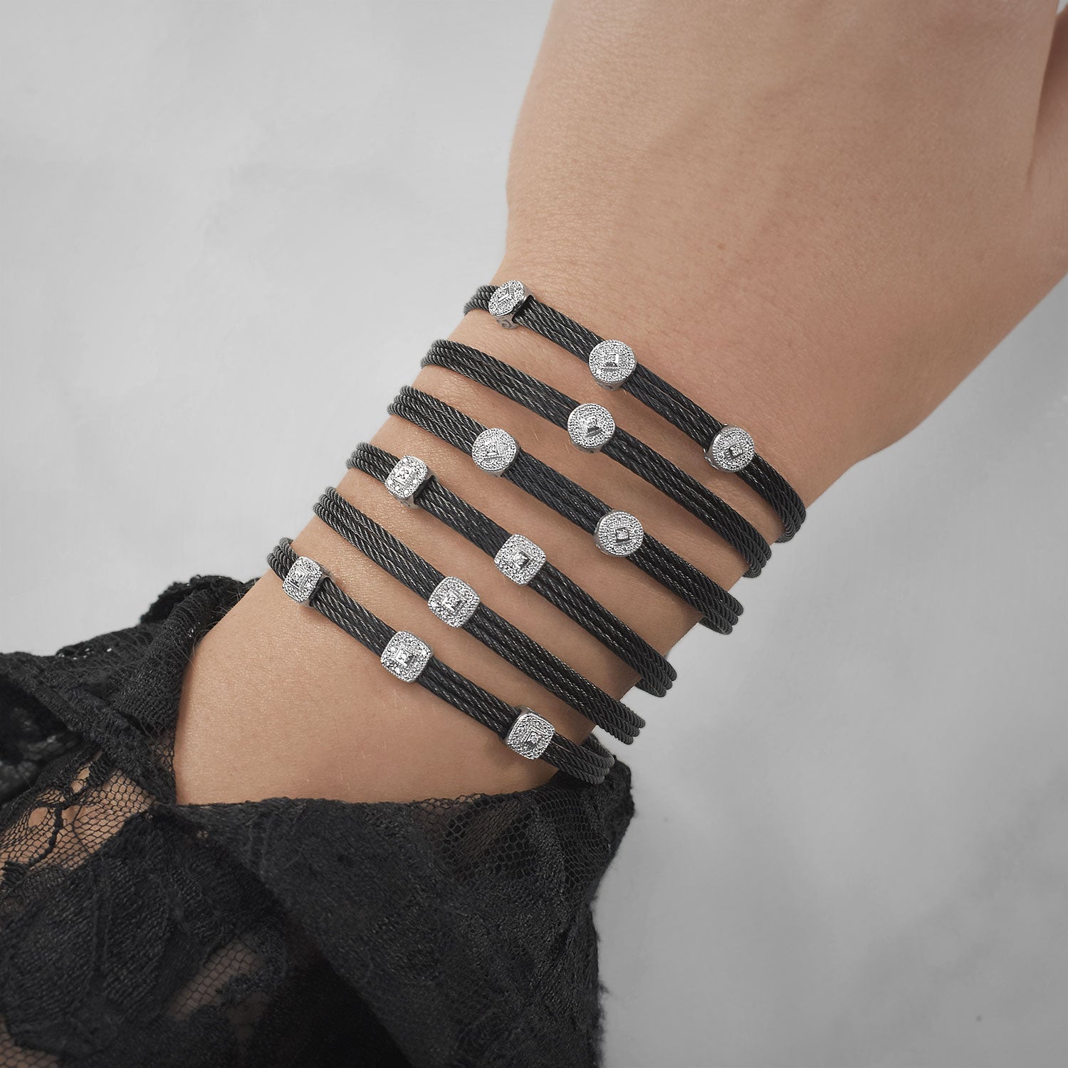 ALOR Black Cable Classic Stackable Bracelet with Triple Square Station set in 18kt White Gold