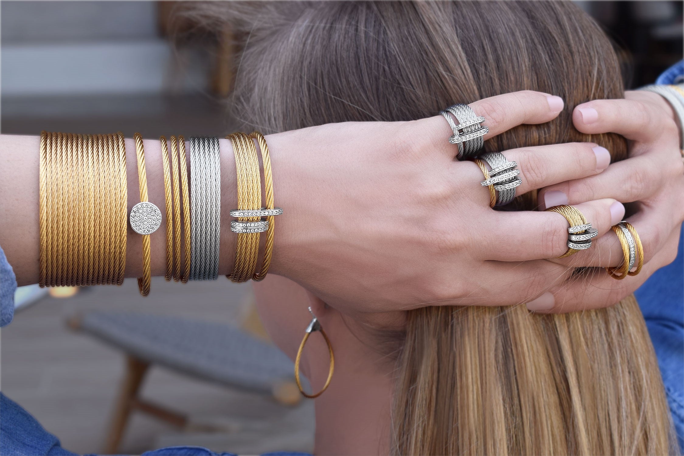 ALOR Grey & Yellow Cable Stacked Wide Open Cuff