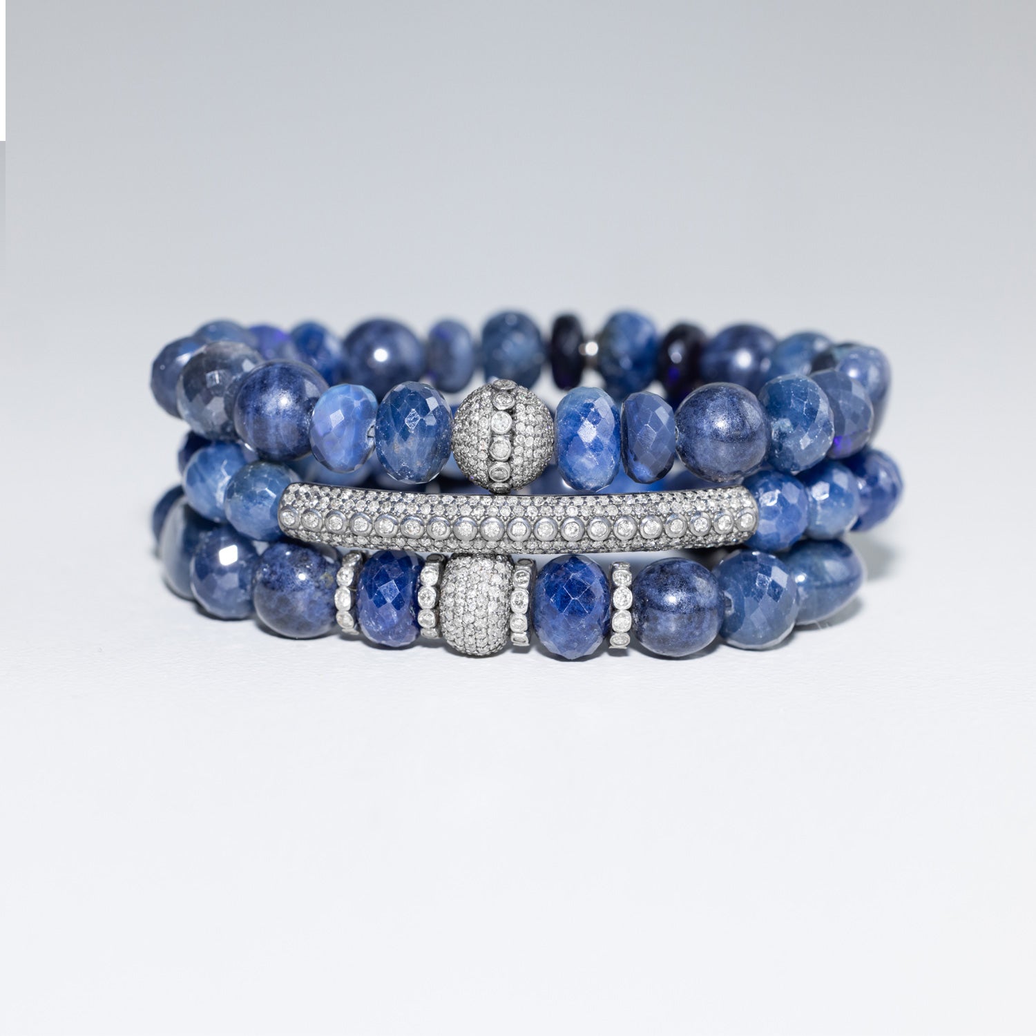 Sapphire Mixed Bead Bracelet with Diamond Bezel Bead - 10mm  B0001453 - TBird