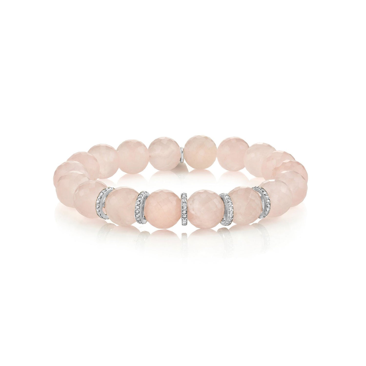 Faceted Rose Quartz Bracelet with Five Diamond Rondelles - 10mm : B0001798 - TBird