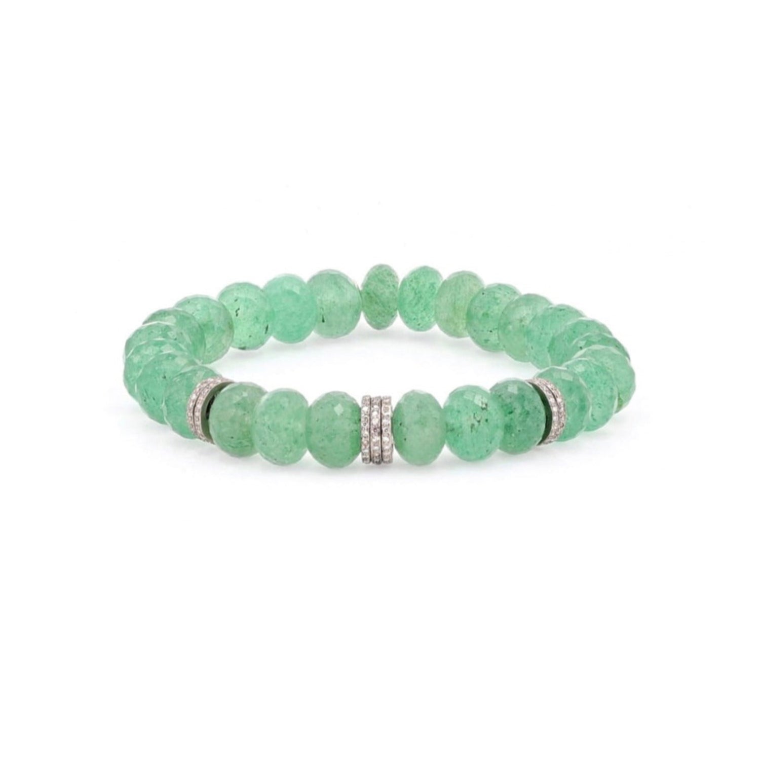 Green Quartz Beaded Bracelet with 7 Diamond Pave Rondelles - 10mm  B0003432 - TBird