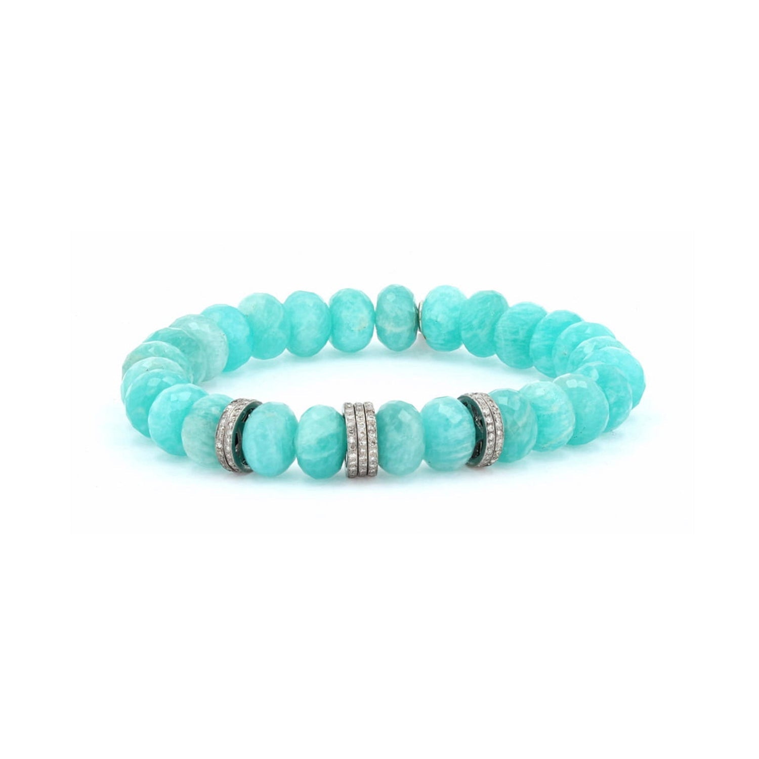 Amazonite Faceted Bead Bracelet with 7 Pave Diamond Rondelles - 10mm : B0003443 - TBird