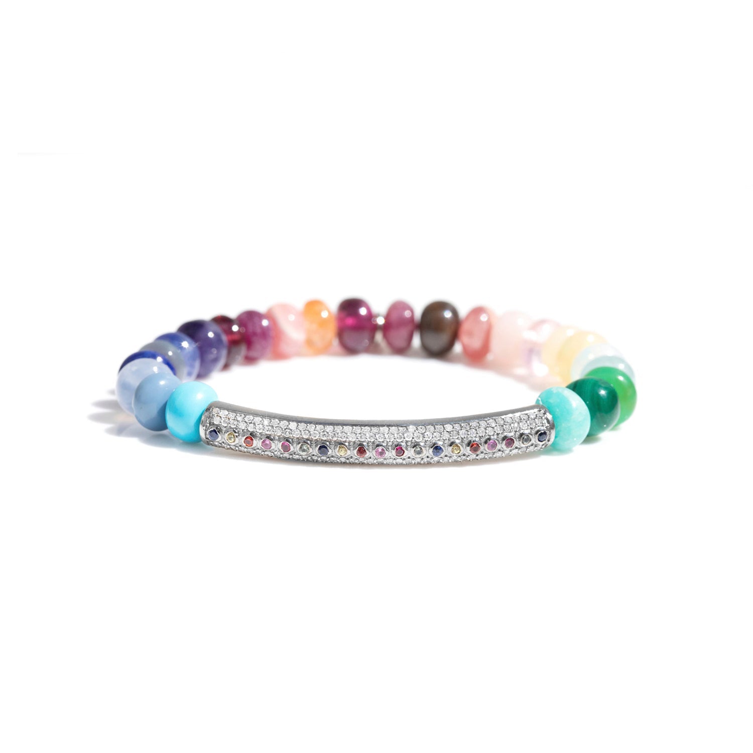 Rainbow Gemstone Mix Bracelet with Pave Diamond Bar - 8mm : B0003486 - TBird