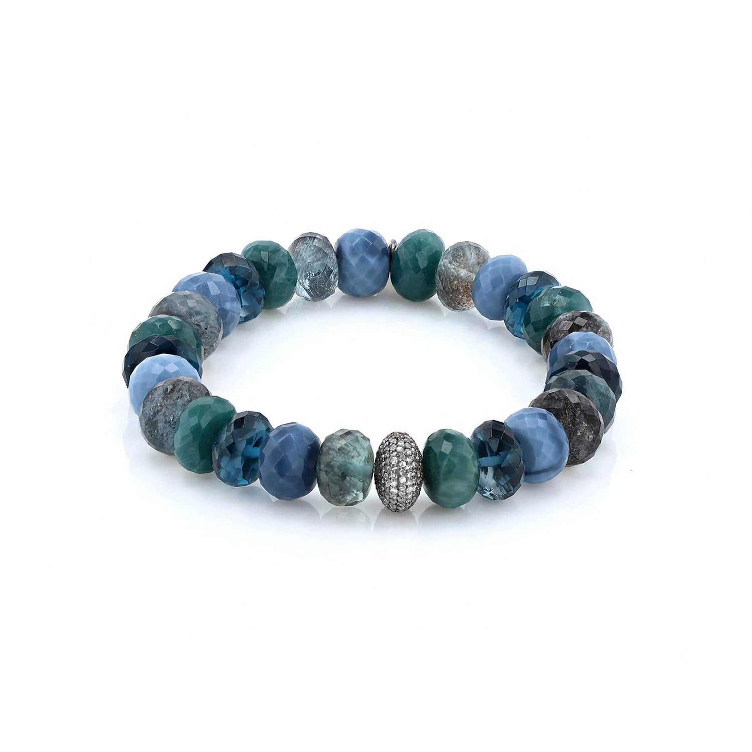 Blue Green Mix Bead Bracelet with Diamond Donut - 10mm  B0003577 - TBird