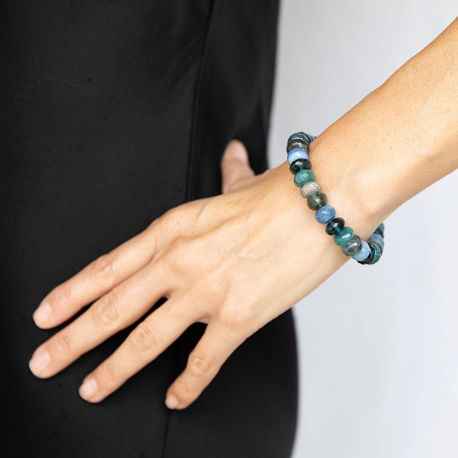 Blue Green Mix Bead Bracelet with Diamond Donut - 10mm  B0003577 - TBird