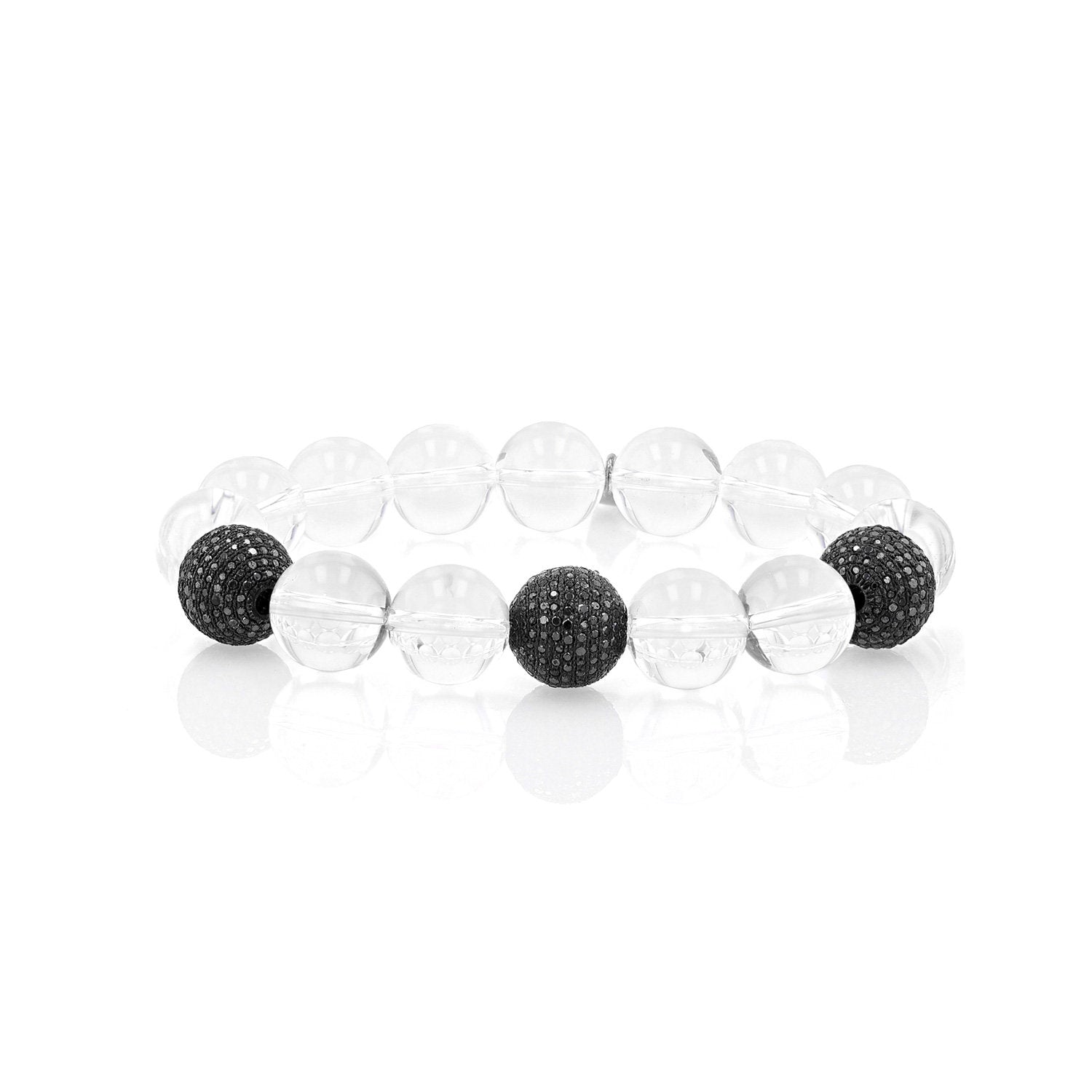 Crystal Quartz Bracelet with 3 Pave Black Diamond Balls - 12mm  B0003661 - TBird