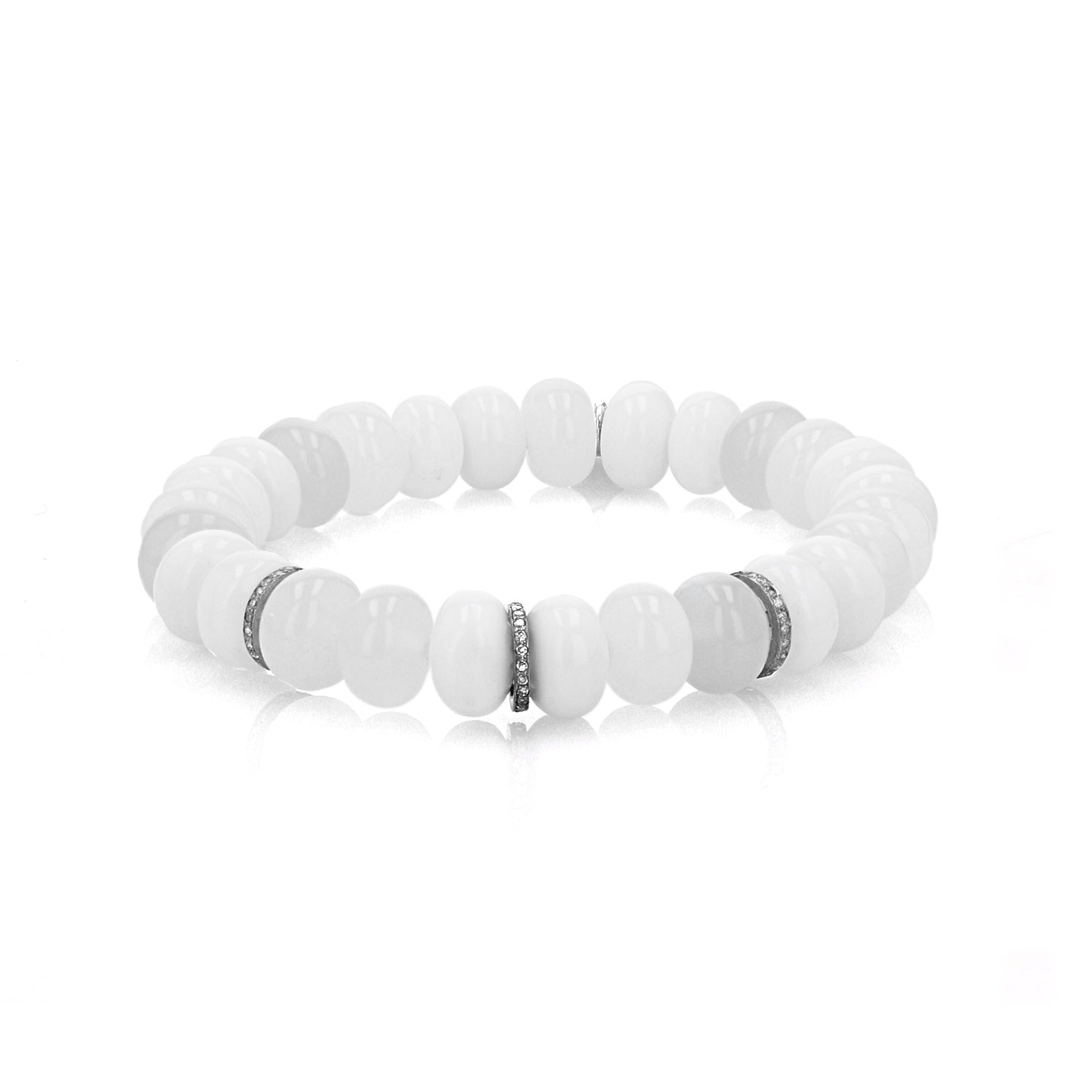 White Gemstone Mix Rondelle Bracelet with 3 Diamond Rondelles - 10mm : B0003680 - TBird
