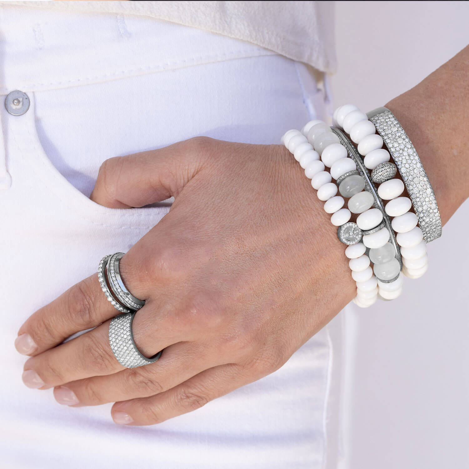 White Gemstone Mix Rondelle Bracelet with 3 Diamond Rondelles - 10mm : B0003680 - TBird