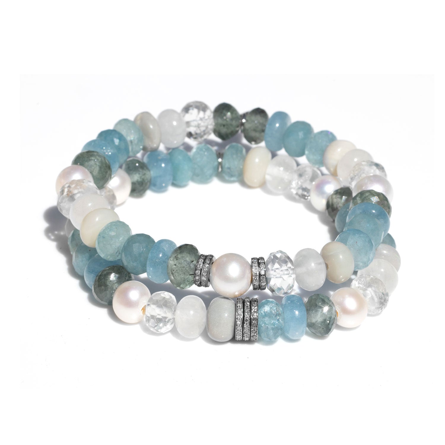 Pearl and Blue Gemstone Mix Bracelet with 4 Diamond Rondelles - 8mm  B0003977 - TBird