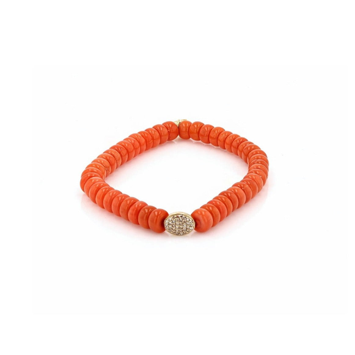 Orange Coral Bead Bracelet with 14K Gold Pave Diamond Pill  BG000751 - TBird