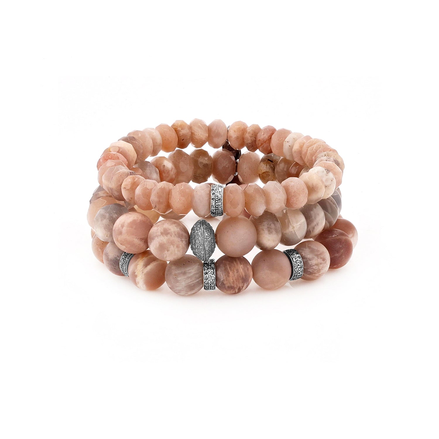 Spring Sands Stack - Sunstone, Peach Moonstone & Diamond Bead Bracelet Stack BNDL6 - TBird