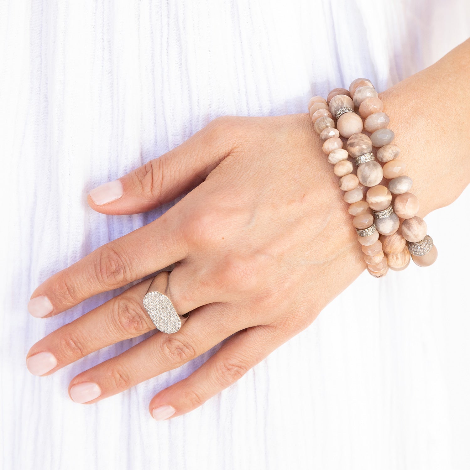 Spring Sands Stack - Sunstone, Peach Moonstone & Diamond Bead Bracelet Stack BNDL6 - TBird