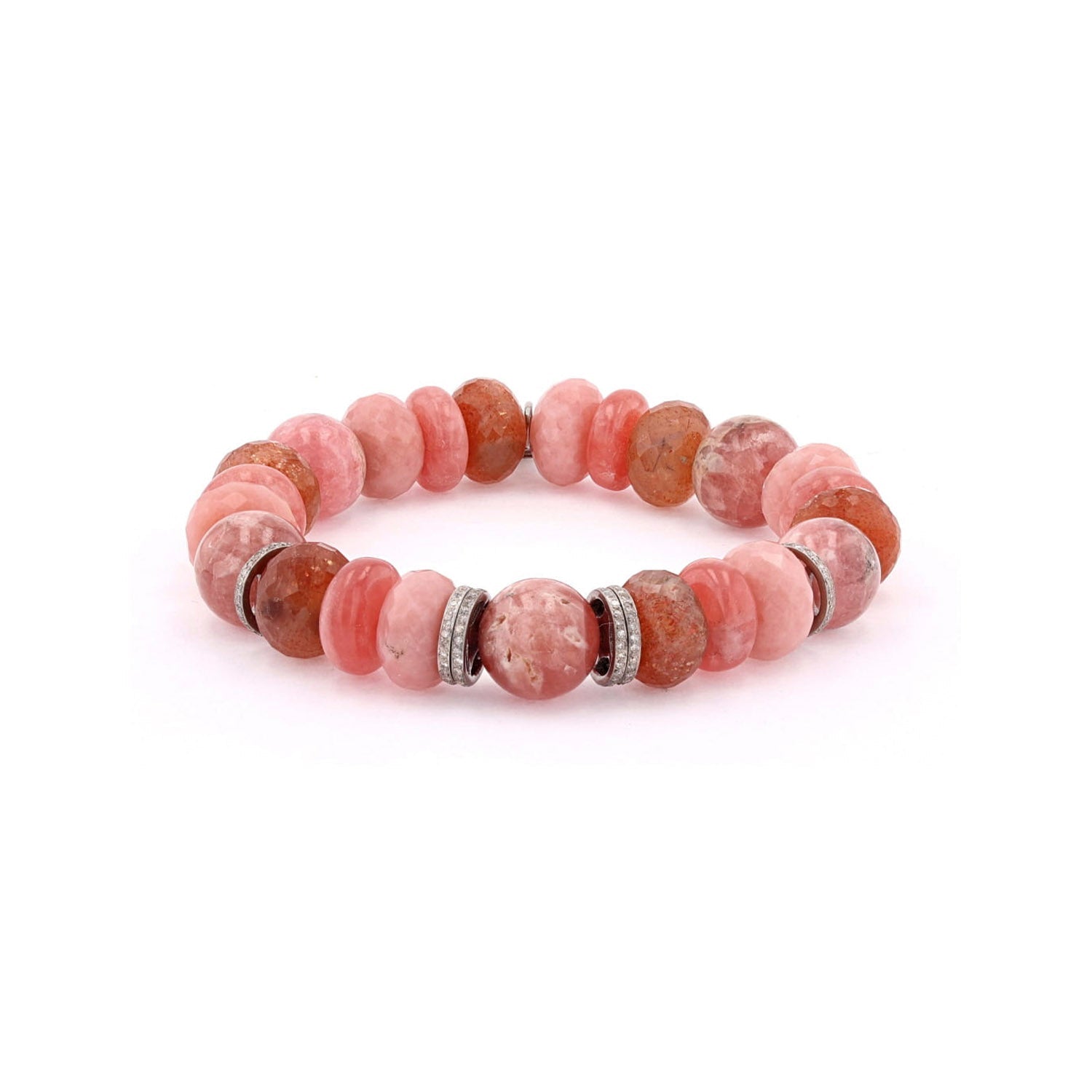 Organic Pink Gemstone Mix Bracelet with Diamond Rondelles - 12mm Designed and handmade in California - TBird