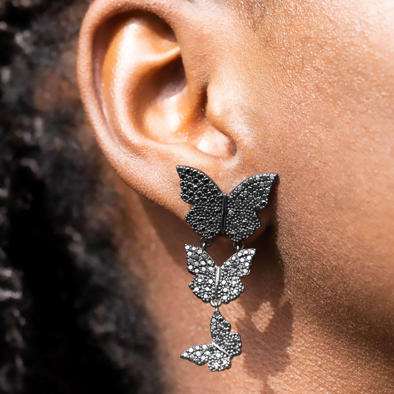Black Diamond Pave Butterfly Triple Dangle Earrings  EB000018 - TBird