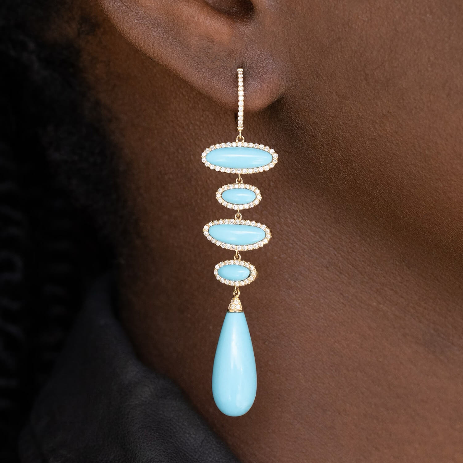 14K Turquoise Diamond 5 Drop Huggie Hoop Earrings  EG000255 - TBird