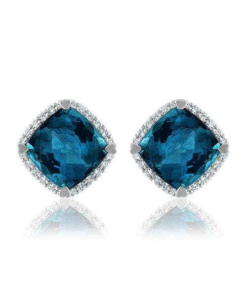 London Blue Topaz Cushion Shaped Stud Earrings with Diamonds 290-JSA