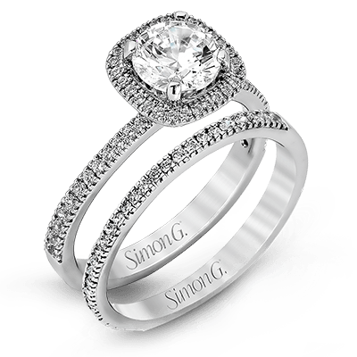 Round-cut Halo Engagement Ring & Matching Wedding Band in 18k Gold with Diamonds MR1842-A