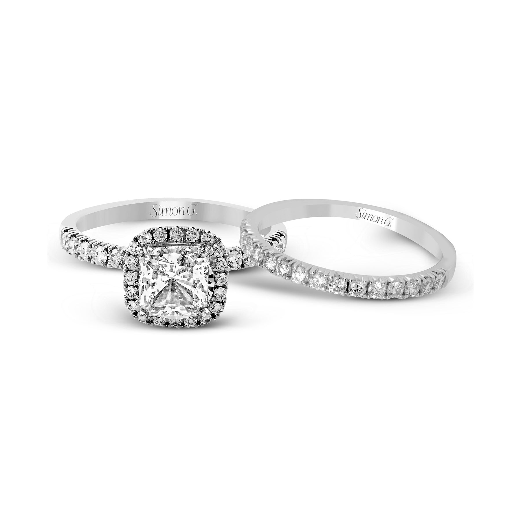 Princess-cut Halo Engagement Ring & Matching Wedding Band in 18k Gold with Diamonds MR2132-PC