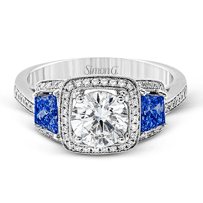 Round-Cut Three-Stone Halo Engagement Ring In 18k Gold With Diamonds & Sapphires MR2247-A