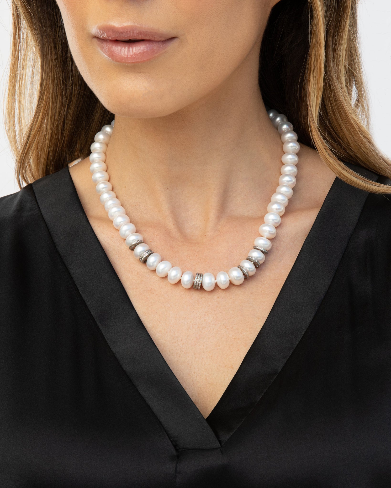 Hand Knotted White Pearl and Diamond Necklace  N0002970 - TBird