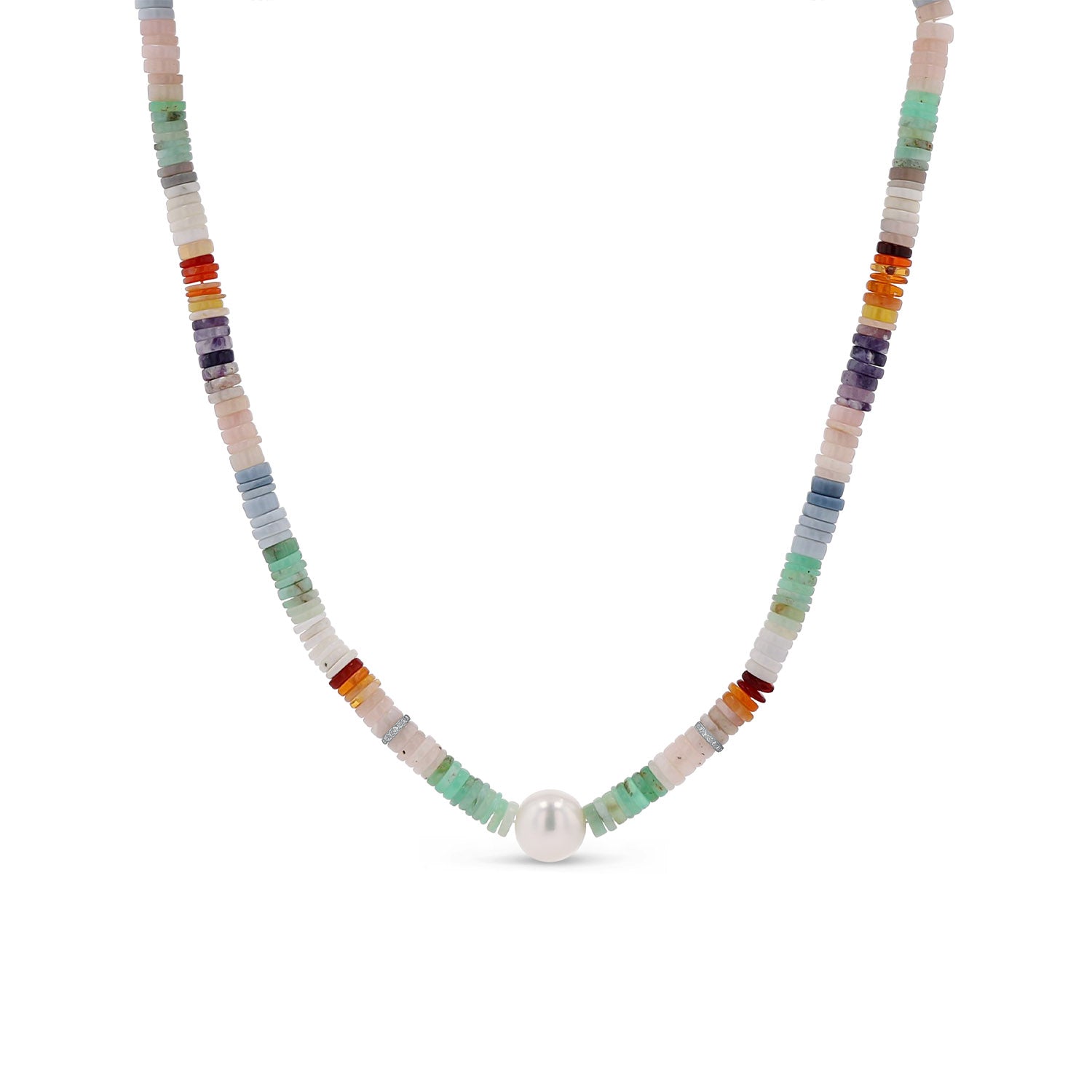 Multi-color Opal Heishi Necklace with Pearl & 2 Pave Diamond Rondelles - 16"  N0002996 - TBird