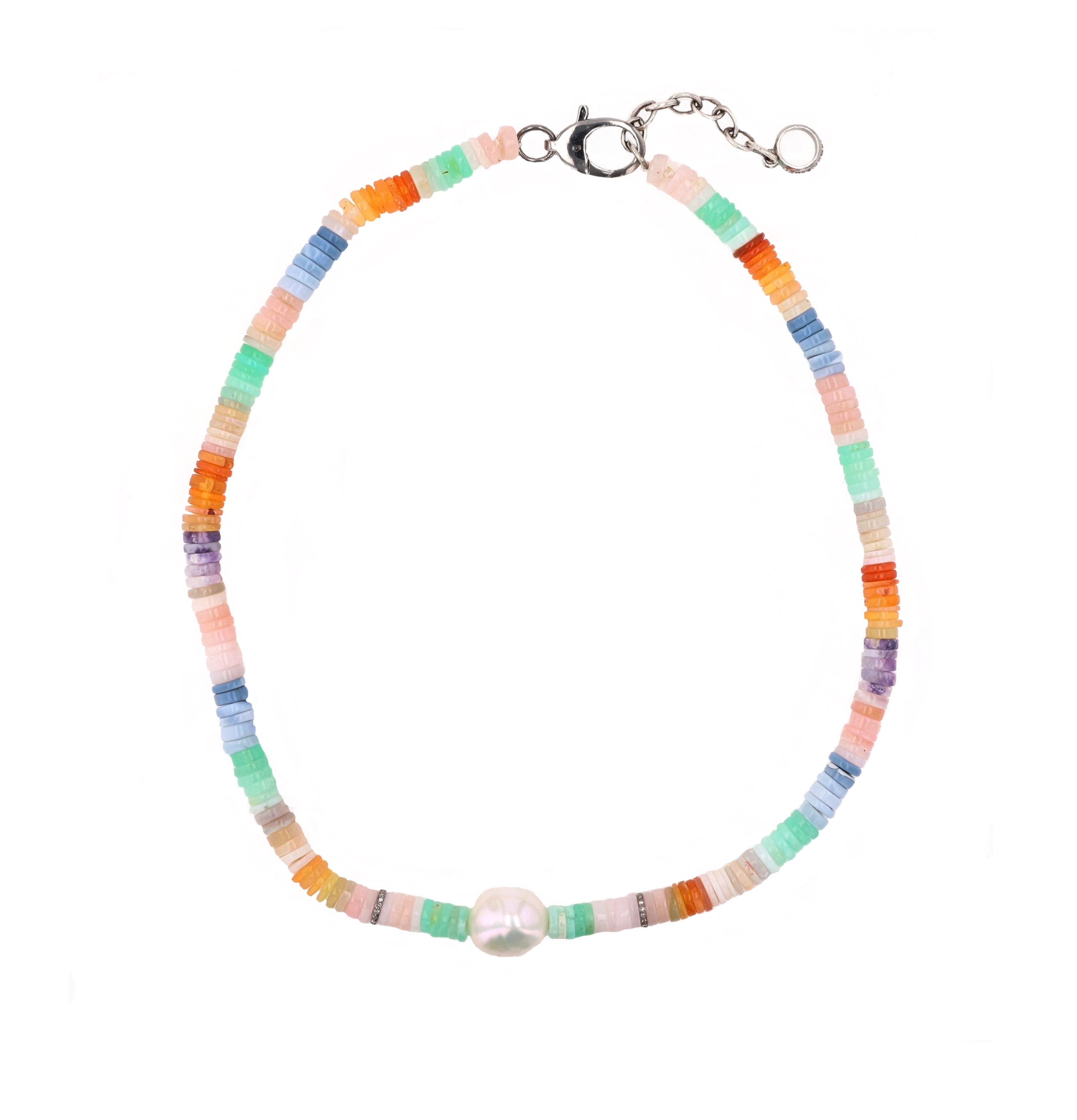 Multi-color Opal Heishi Necklace with Pearl & 2 Pave Diamond Rondelles - 16"  N0002996 - TBird