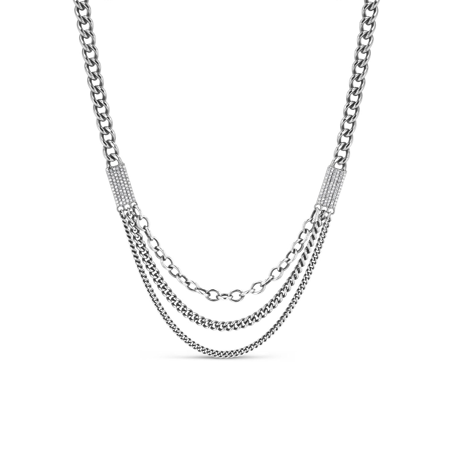 Multi Chain Sterling Silver Necklace with Diamond Stations-18"  N0003003 - TBird