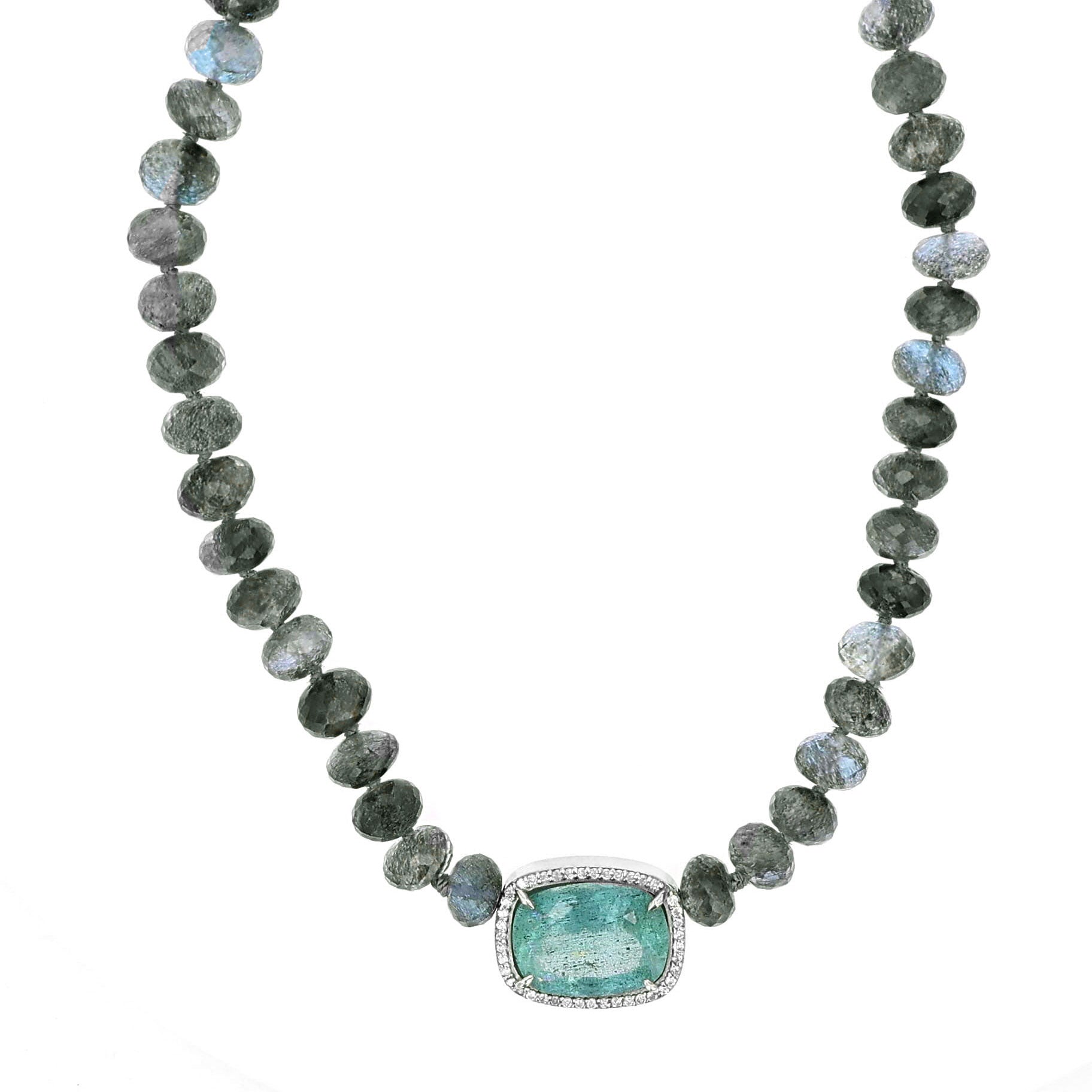 Diamond Halo Moss Aquamarine Gemstone Pendant Beaded Necklace-18"  N0003149 - TBird