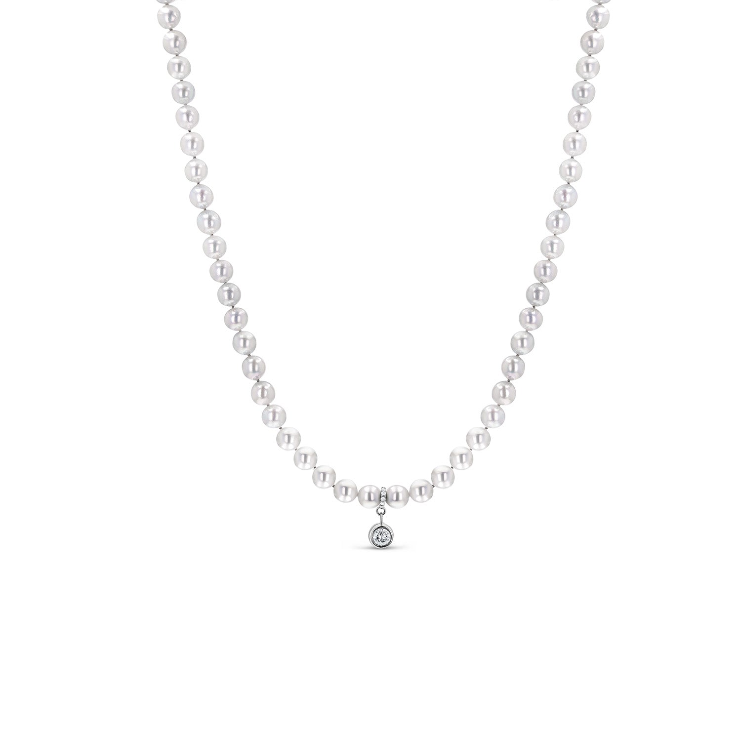 Fresh Water Silver Pearl Necklace with Diamond Bezel Dangle - 16"-18"  N0003296 - TBird