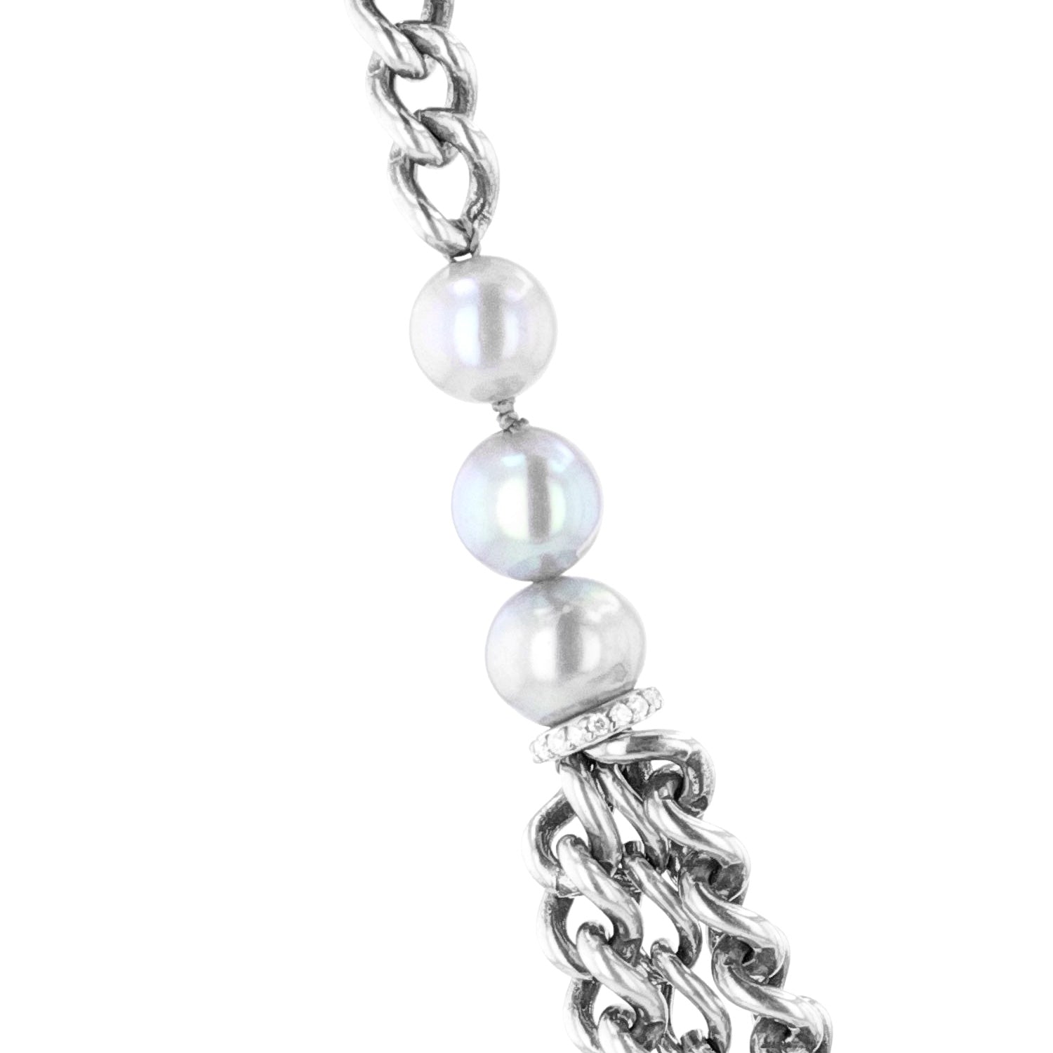 Triple Layer Curb Chain Necklace with Silver Pearls & Diamonds - 18 - 20"  N0003304 - TBird
