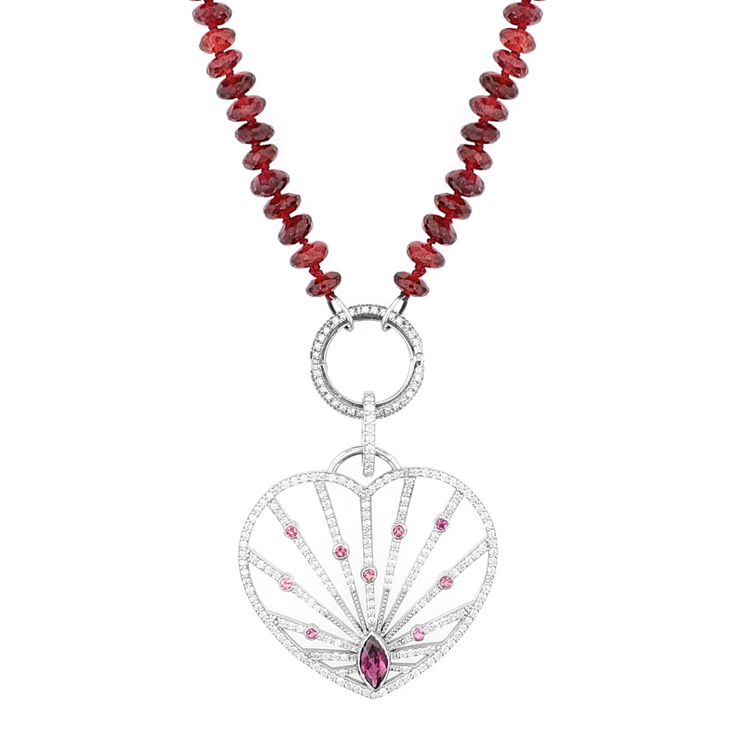Garnet Pink Tourmaline Diamond Heart Ray Pendant on Garnet Necklace - 36"  N0003394 - TBird