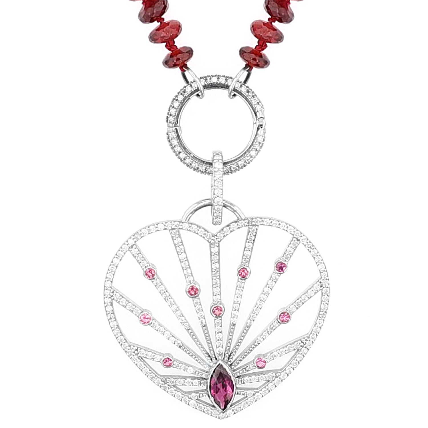 Garnet Pink Tourmaline Diamond Heart Ray Pendant on Garnet Necklace - 36"  N0003394 - TBird