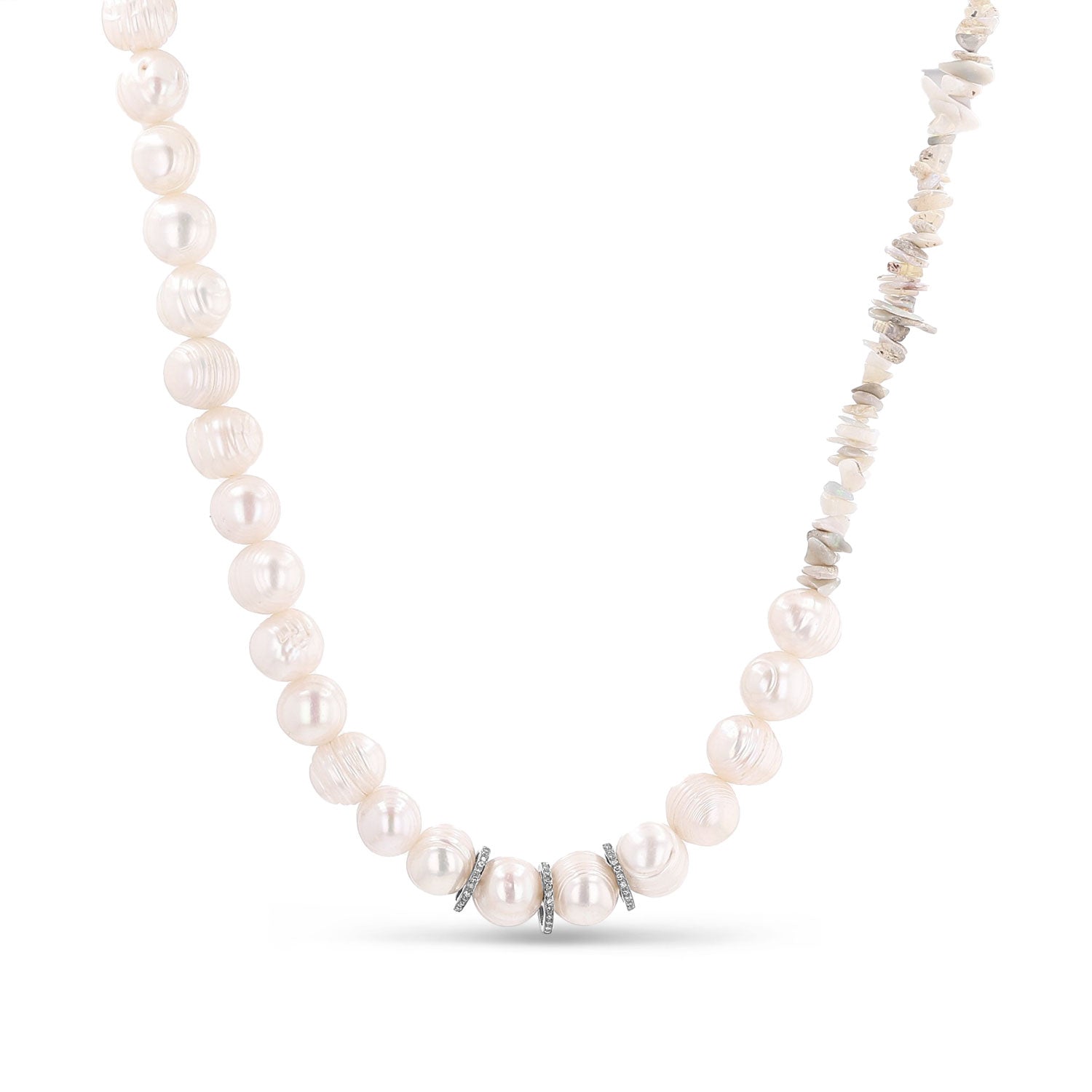Pearl Bead & Australian Opal Chip Necklace with Three Diamond Rondelles - 18"  N0003432 - TBird