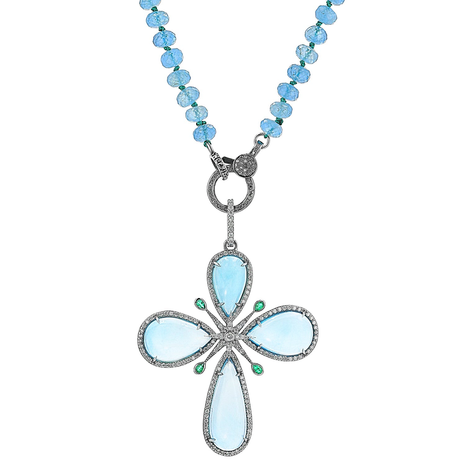 Aquamarine Emerald & Diamond Star Cross Pendant Necklace - 32"  N0003508 - TBird