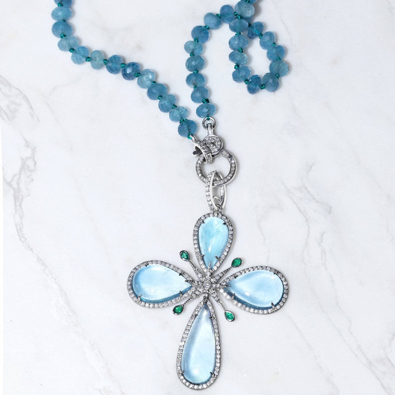 Aquamarine Emerald & Diamond Star Cross Pendant Necklace - 32"  N0003508 - TBird