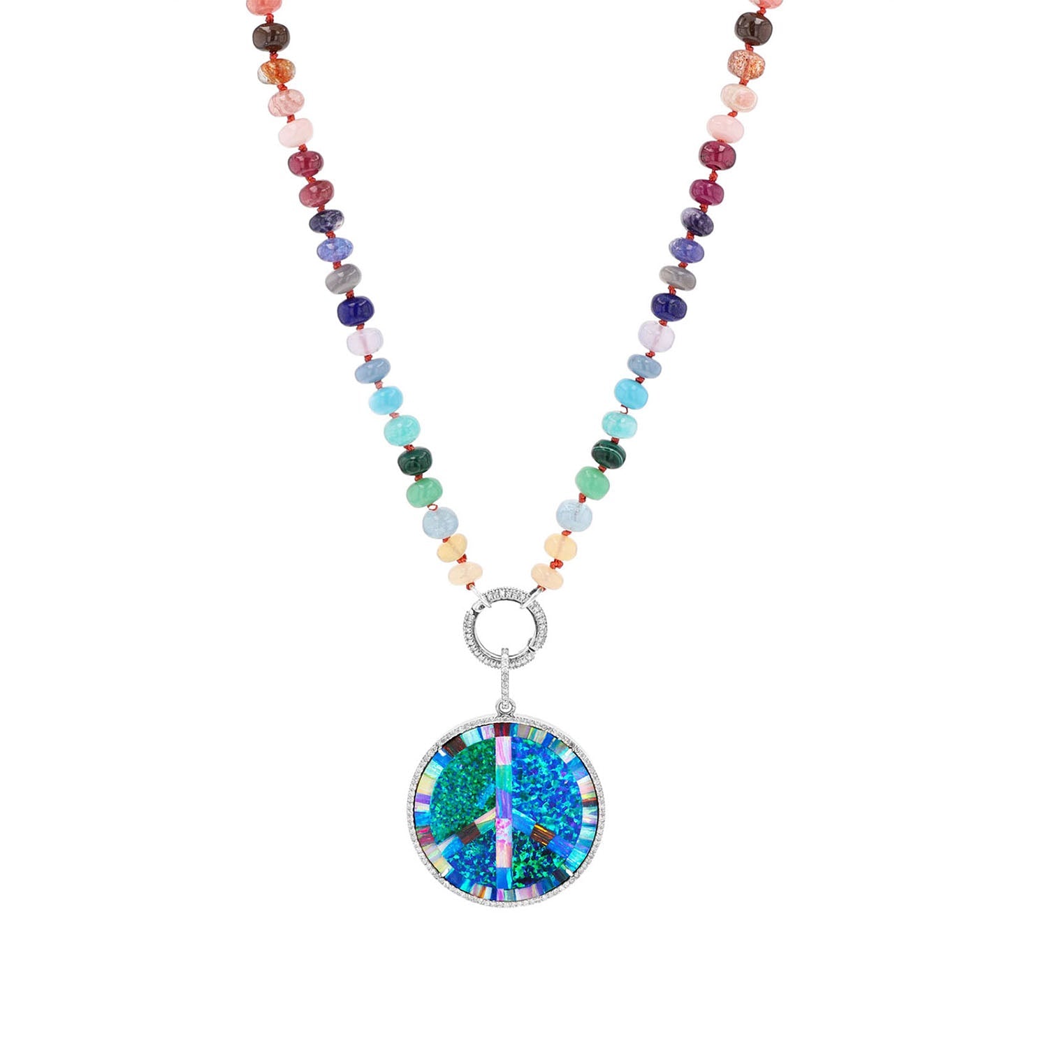 Opal Inlay and Diamond Peace Pendant on Rainbow Gemstone Mix Knotted Necklace - 18"  N0003543 - TBird
