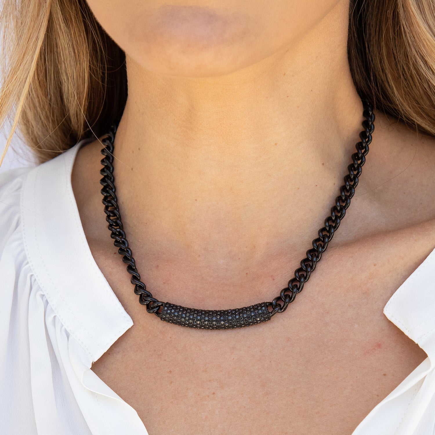 Jet Black Short Curb Chain Necklace with Black Diamond Roll Bar NBLK0016 - TBird