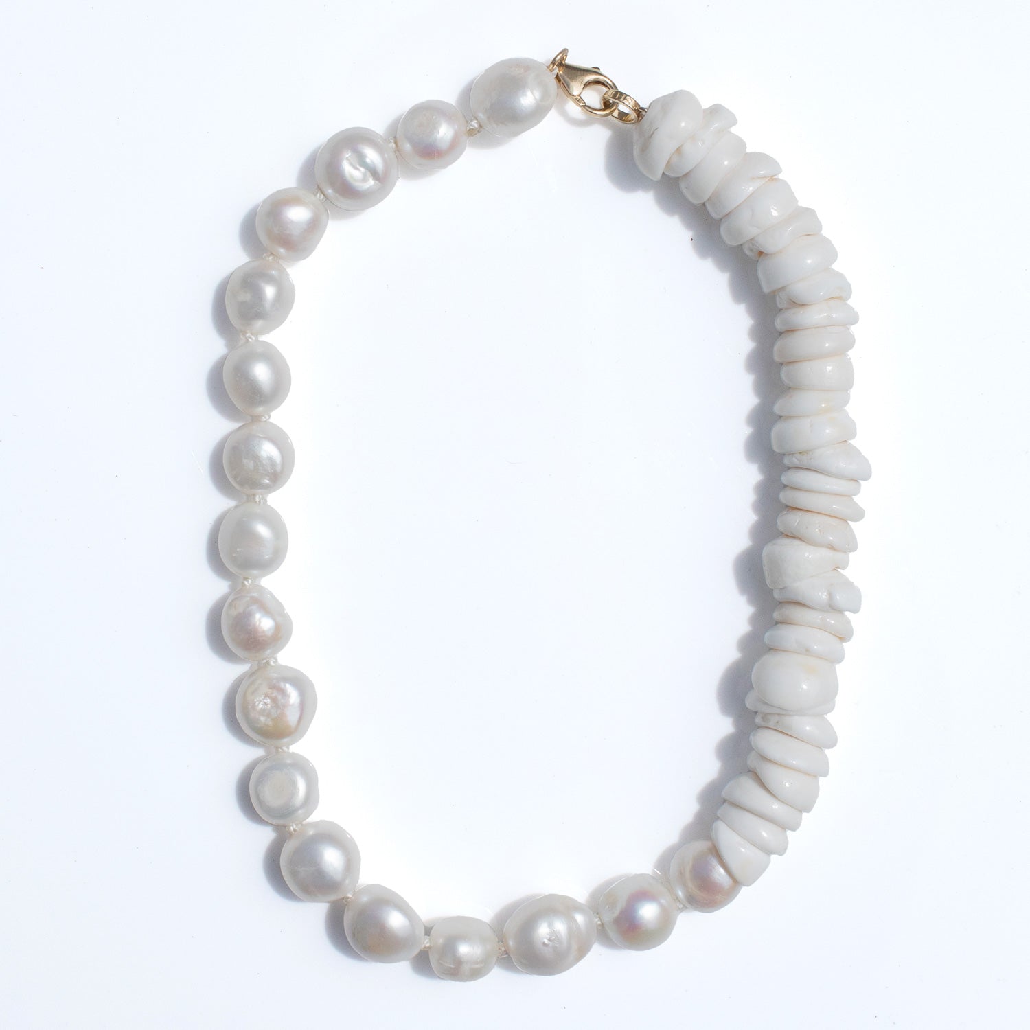 14K White Pearl and Puka Shell Knotted Necklace  NG002829 - TBird