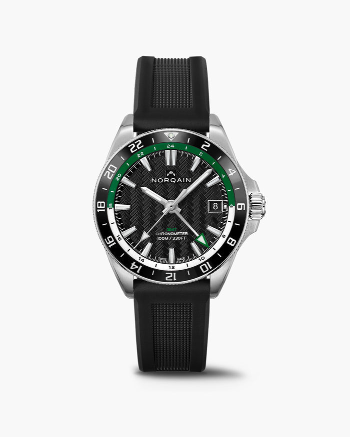 NORQAIN Adventure NEVEREST GMT Black Dial Green and White Ring Stainless Steel Automatic Watch