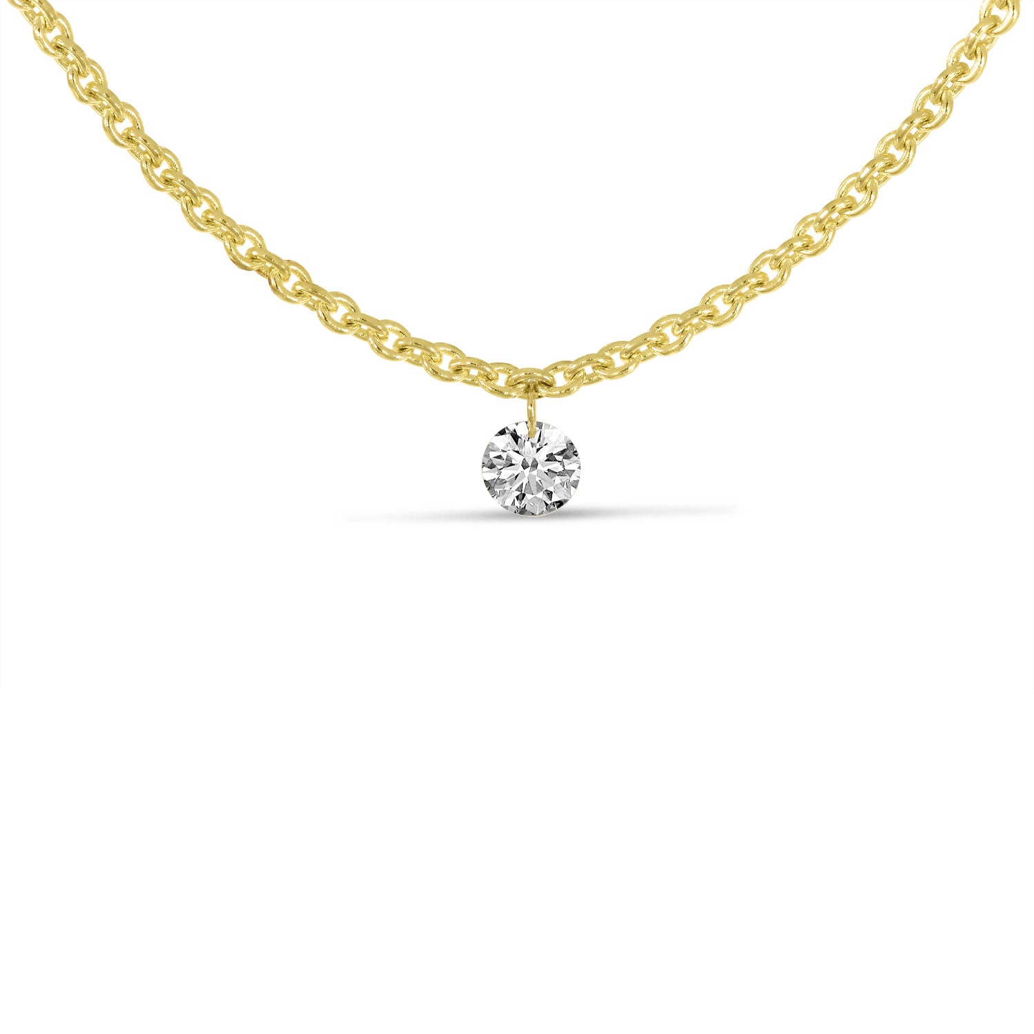 14K Yellow Gold Dashing Diamonds Single Stone Rolo Chain Necklace