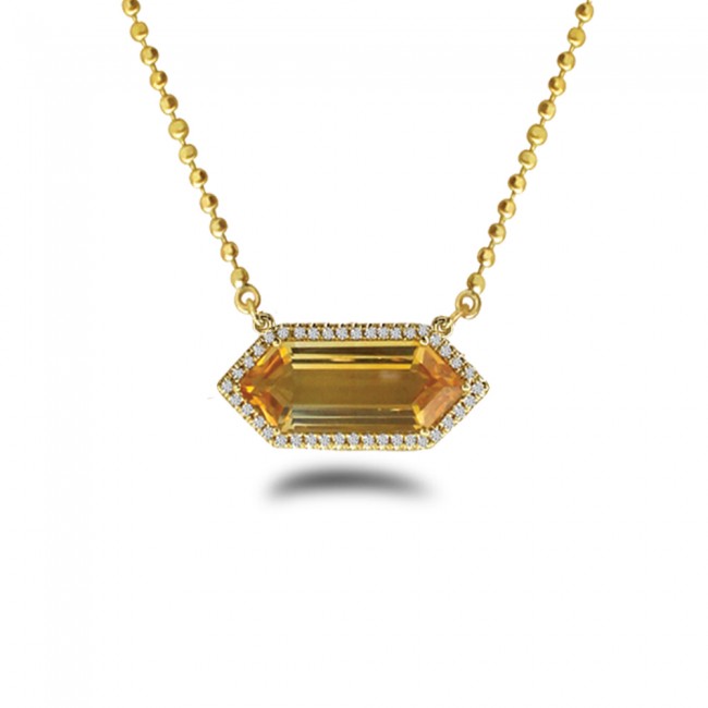14K Yellow Gold Hexagon Citrine and Diamond Semi Precious 18 inch Bead Chain Necklace