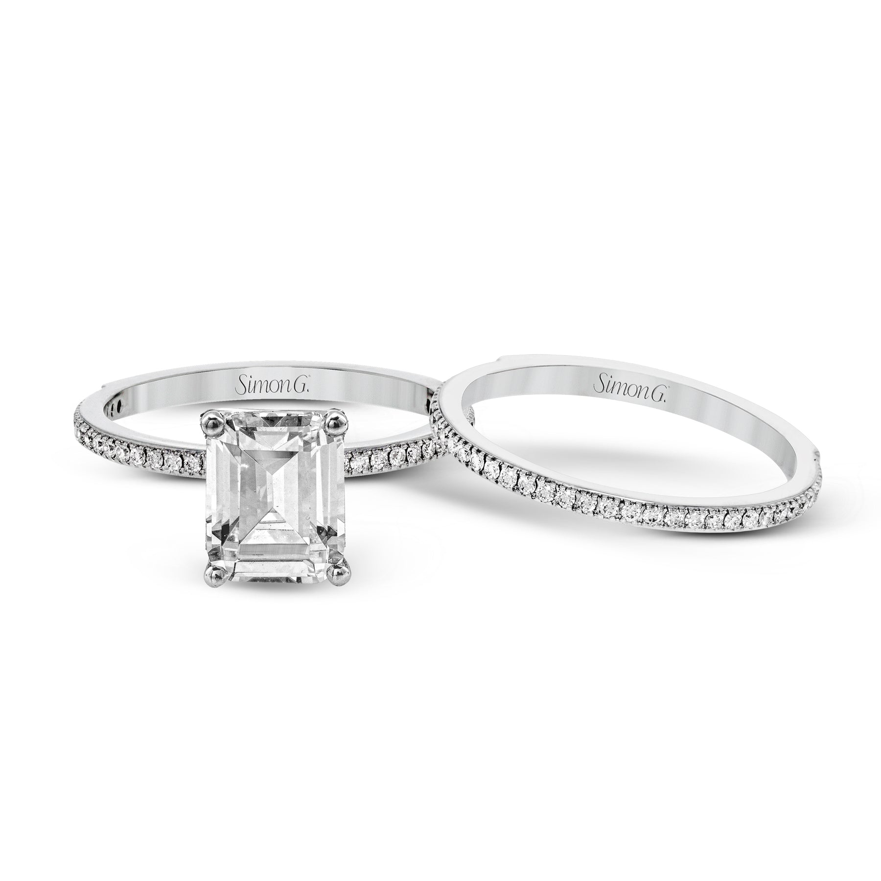 Emerald-cut Engagement Ring & Matching Wedding Band in 18k Gold with Diamonds PR108-EM