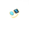14k Yellow Gold Two Stone Turquoise and London Blue Topaz Ring RG154-8 - TBird