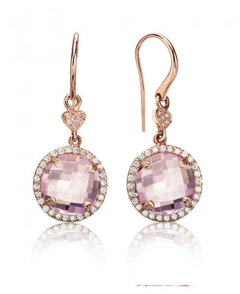 Rose quartz round drop earrings with diamonds 353-JSA