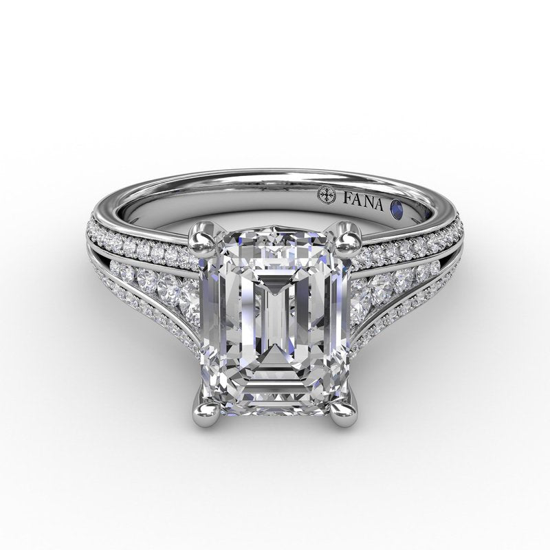 Contemporary Emerald Cut Diamond Solitaire Engagement Ring With Triple-Row Diamond Band S3272 - TBird