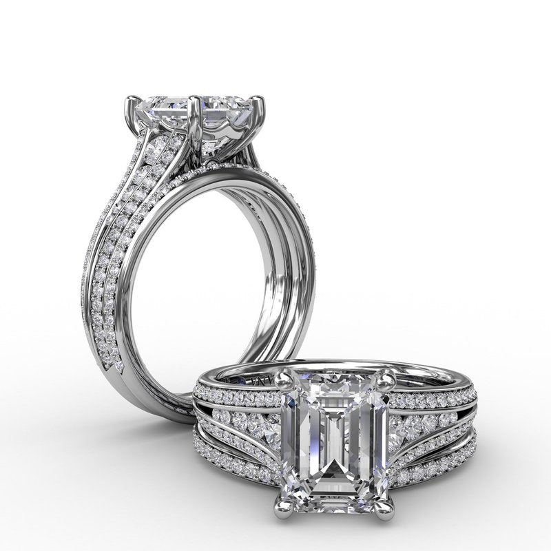 Contemporary Emerald Cut Diamond Solitaire Engagement Ring With Triple-Row Diamond Band S3272 - TBird